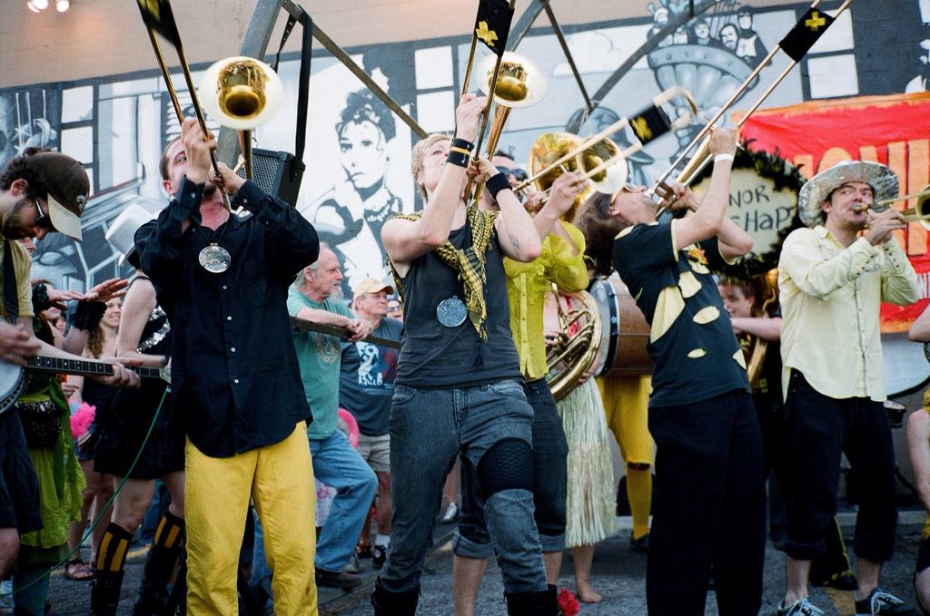 A trombonist line from HONK!, a festival celebrating street musicians. Photo by Flickr user zeiss66super, submitted to the Austin Music Map