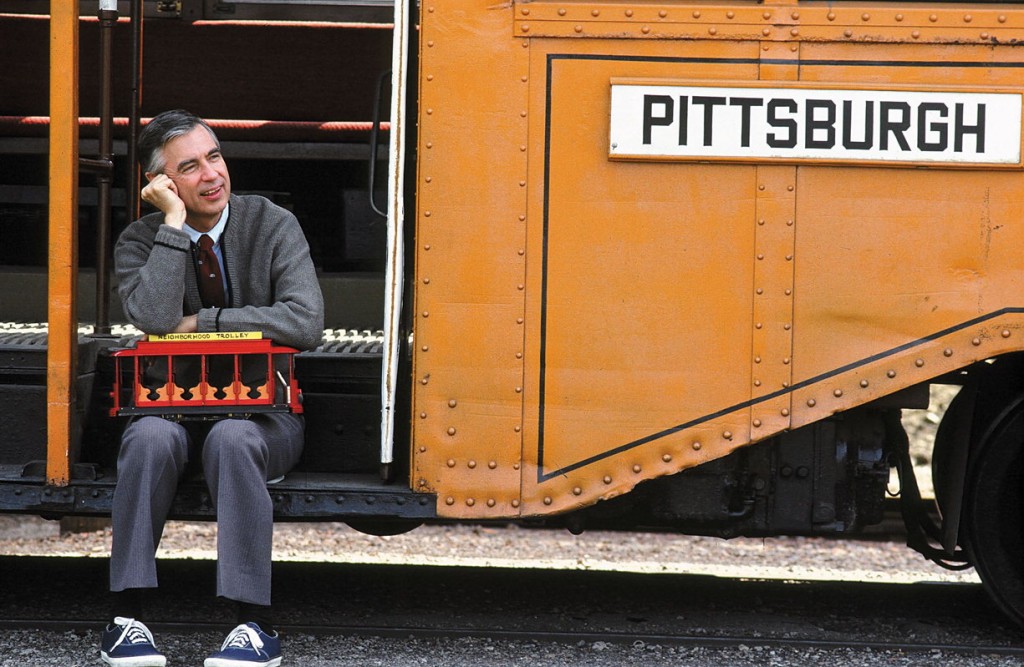 Mister Rogers sits on a Pittsburgh bus. Photo: CPB