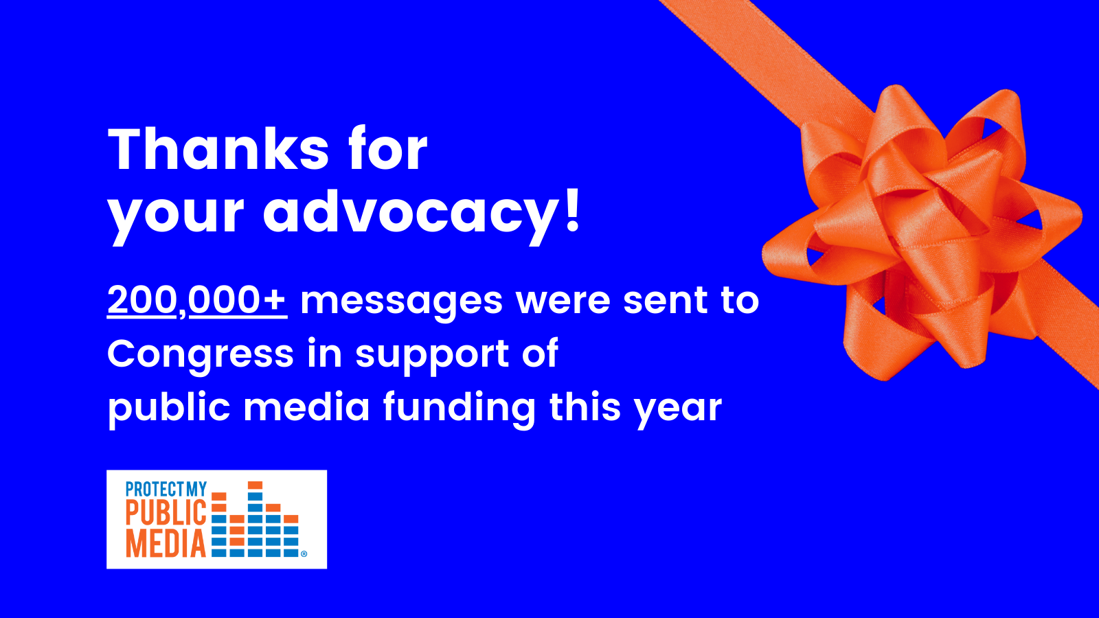Thanks for your advocacy! 200,000+ messages were sent to Congress in support of public media funding this year