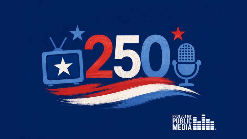 Navy blue background with 250 in red, white, and blue and radio and TV icons, representing stations' participation in America 250